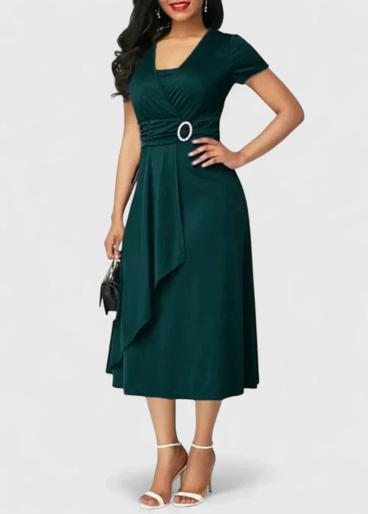 Elegant Zhyrelle™ midi dress by Emma & Rose Cape Town, showcasing a flowing, stylish design with intricate details.