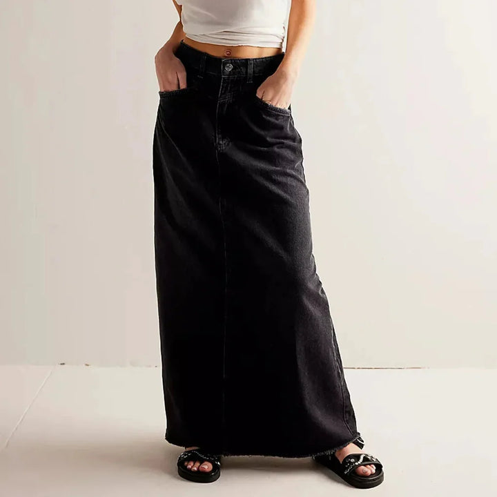 High Waist Straight Fit Denim Skirt, view 3 - Elena Harper