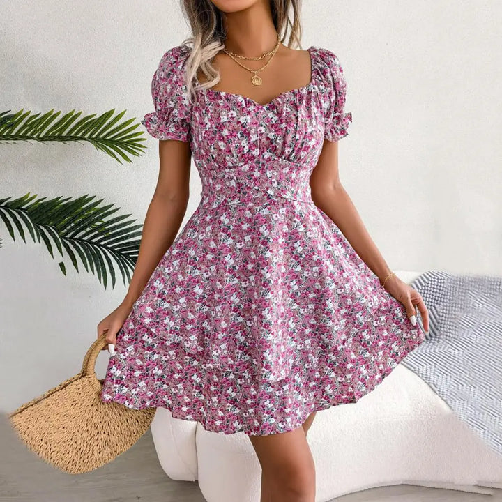 Flower Dress with Square Neckline and Puff Sleeves - Elena Harper