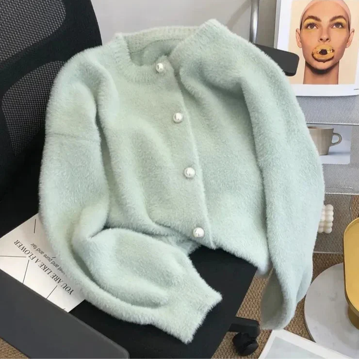 Aurore - Velvet Knit Cardigan with Pearl Buttons for Women