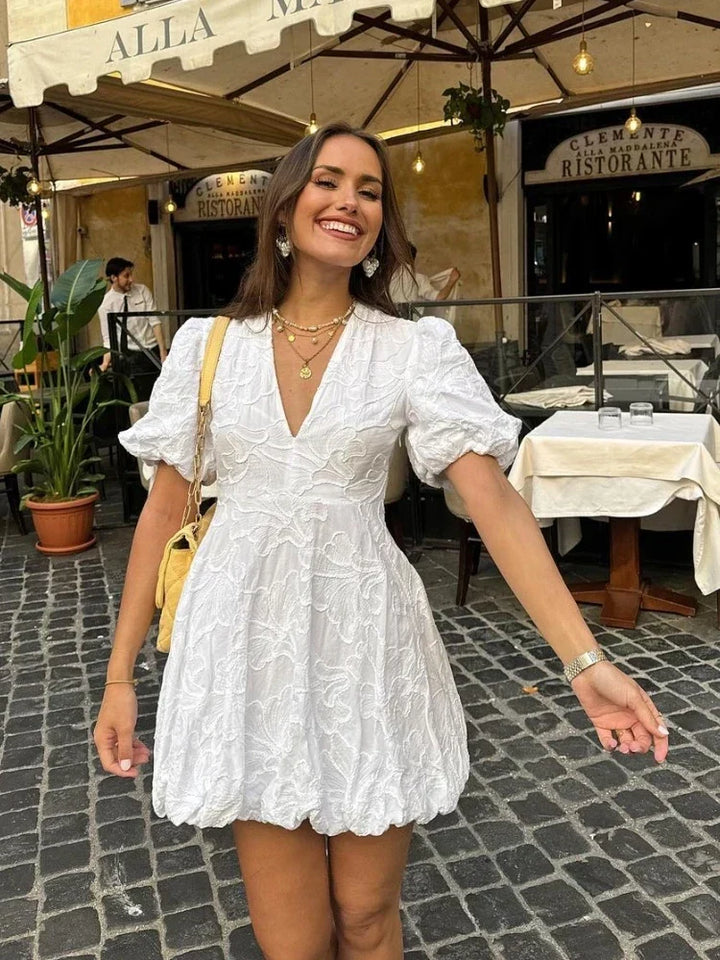 Summer Dress with V-Neck and Puff Sleeves for Women