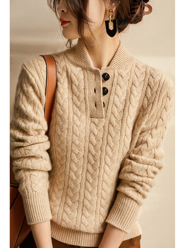 Cable Knit Sweater for Women with Button Closure at Neck Regular Fit