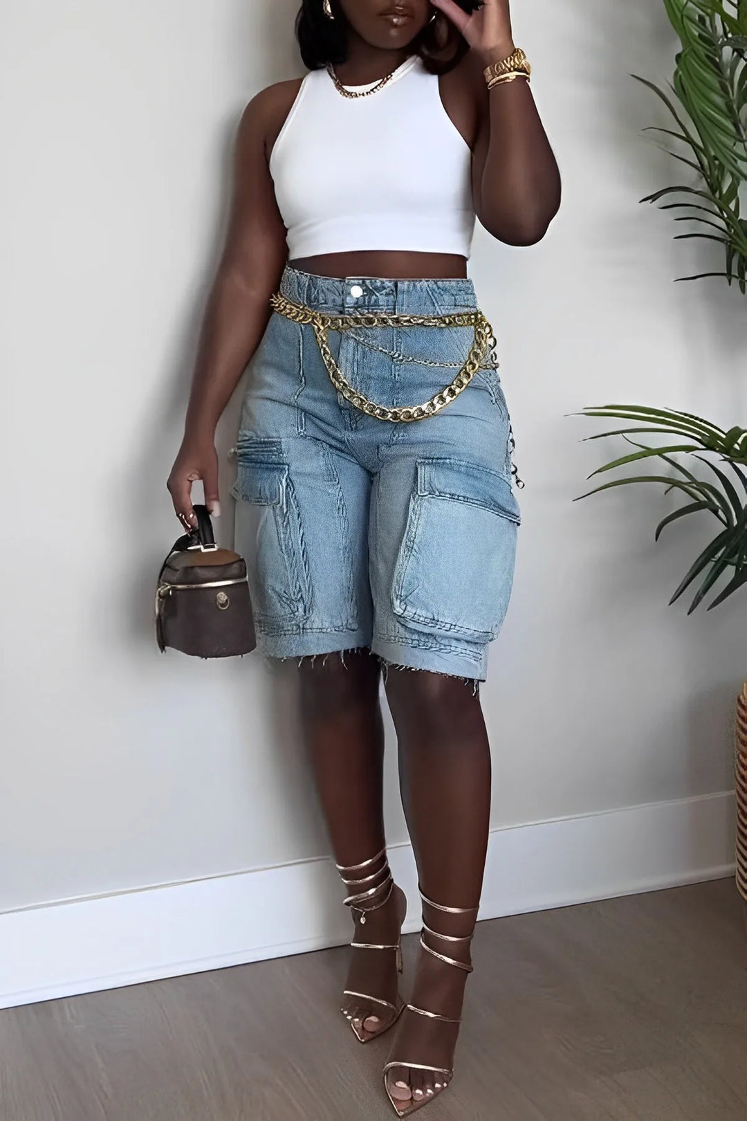 June - Denim Cargo Shorts for Women