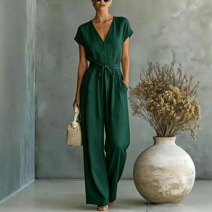 Women's V-Neck Jumpsuit with Belt and Wide Pants, view 2 - Elena Harper