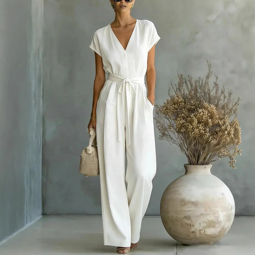 Women's V-Neck Jumpsuit with Belt and Wide Pants, view 7 - Elena Harper