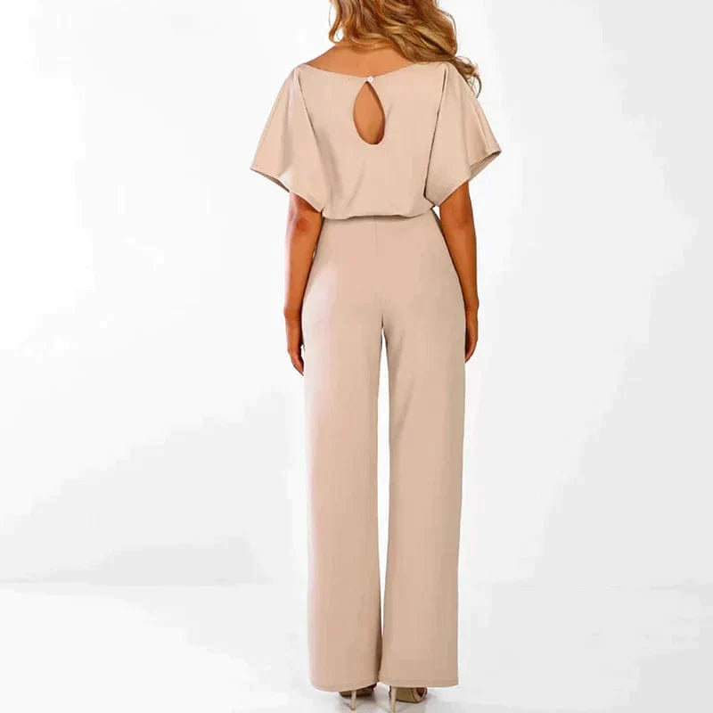 Elegant belted short-sleeve jumpsuit with wide legs for women – Flattering and chic lightweight one-piece outfit