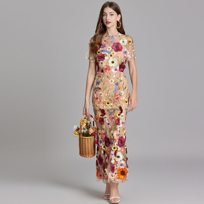 Verena | Women's Sheer Maxi Dress with Floral Embroidery