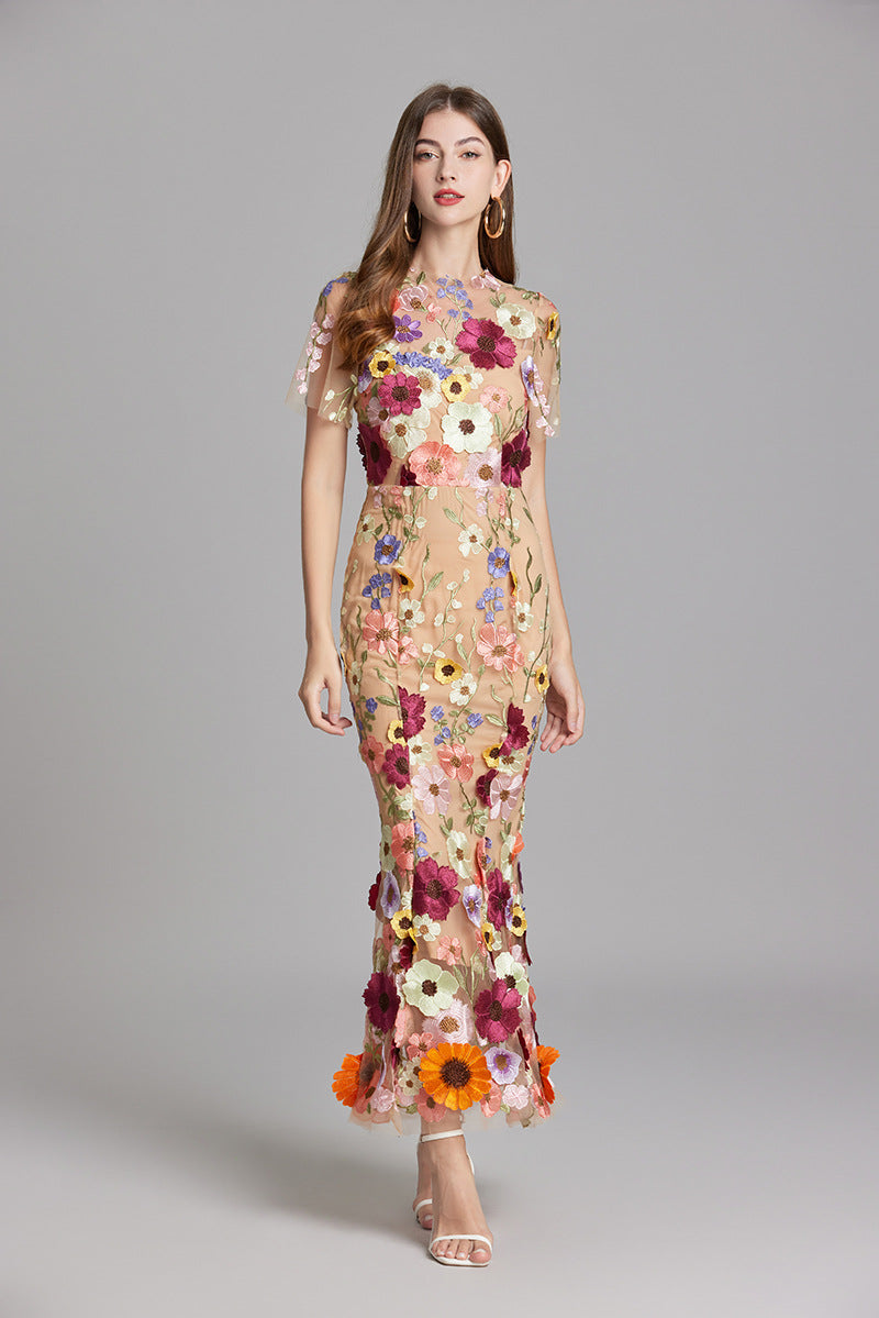 Verena | Women's Sheer Maxi Dress with Floral Embroidery