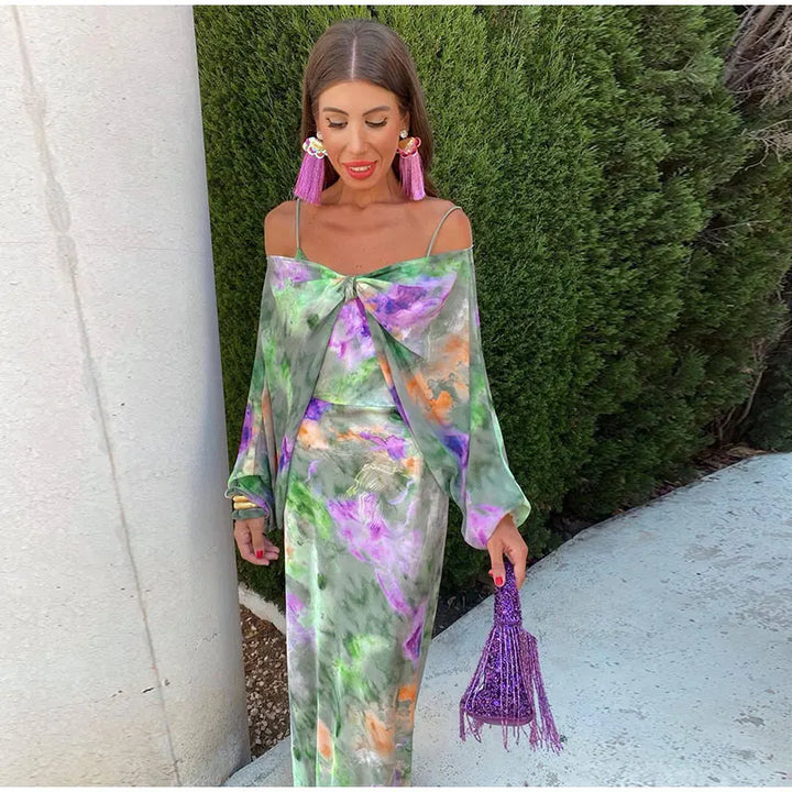 Women's Sexy Halter Tie-Dye Maxi Dress with Removable Bow