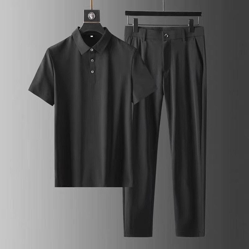Men's Summer Suit with Short Sleeve Shirt and Pleated Trousers