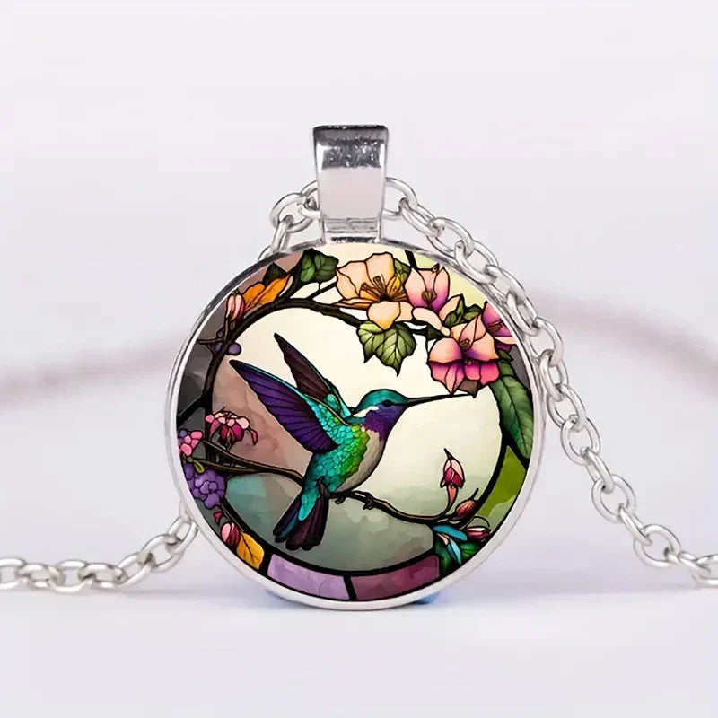 Hummingbird Glass Dome Pendant Necklace, view 2 - Elena Harper