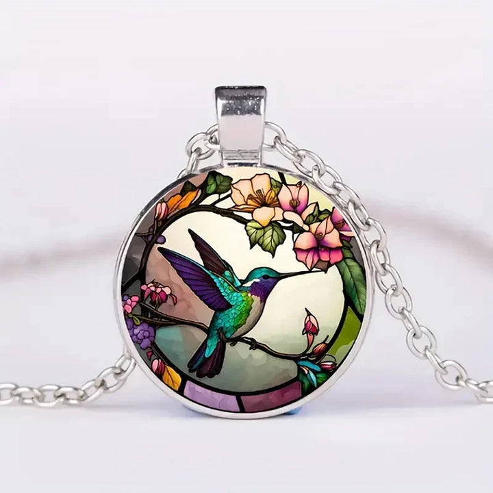 Hummingbird Glass Dome Pendant Necklace, view 2 - Elena Harper
