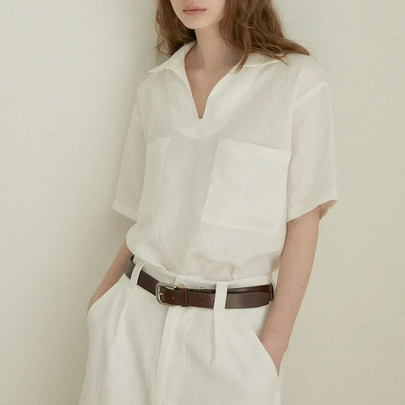 Airy & Timeless Short-Sleeve Linen Blouse for Women V-Neck Milena, view 5 - Elena Harper