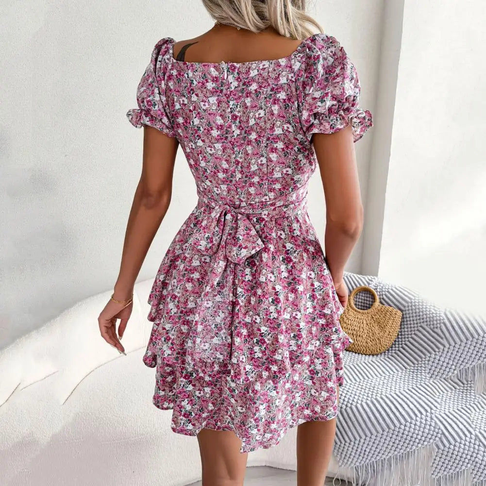 Flower Dress with Square Neckline and Puff Sleeves, view 10 - Elena Harper