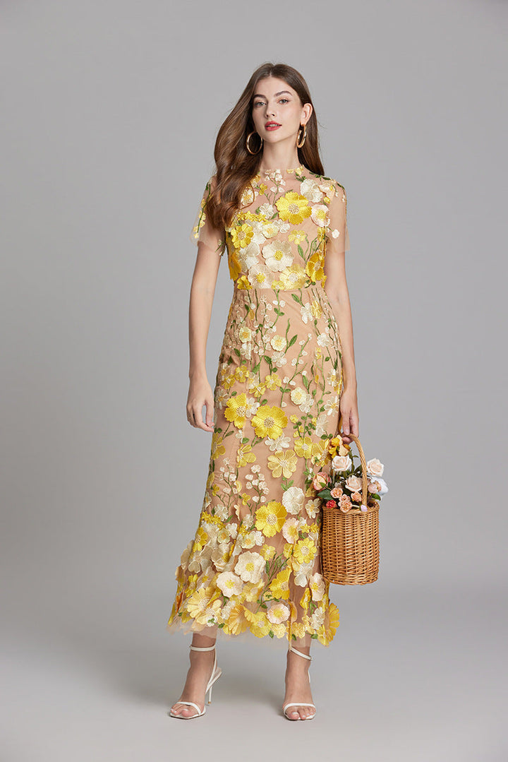 Verena | Women's Sheer Maxi Dress with Floral Embroidery