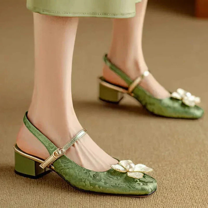 Montarello Floral Slingback Heels for Women with Square Heel