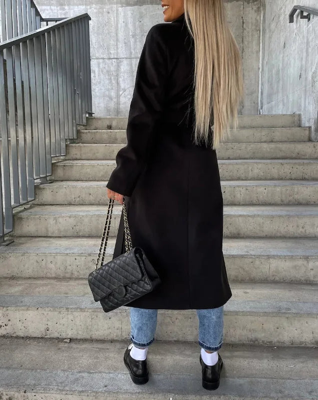 Ladies Long Lapel Coat – Solid, Casual for Autumn and Winter