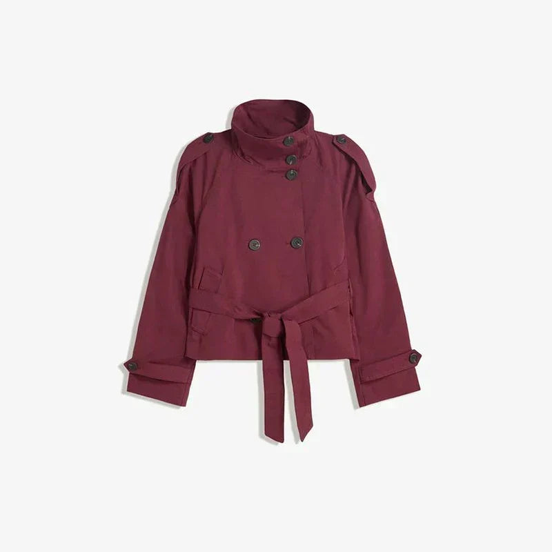 Ladies Double-Breasted Trench Coat with Belt and Stand-Up Collar