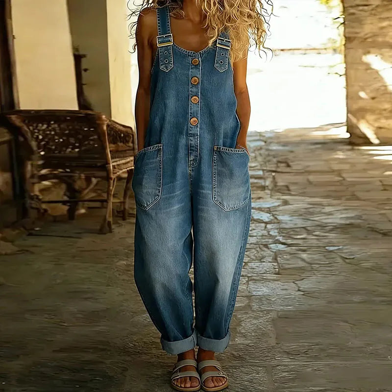 Mae | Vintage Cotton Denim Dungarees with Adjustable Straps