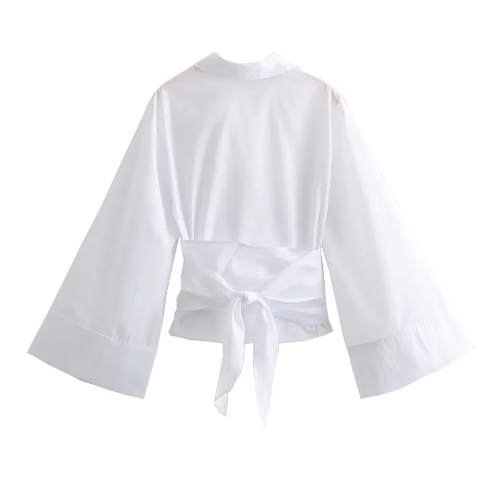 Ivka - Women's Shirt with Polo Neck and Bow Closure