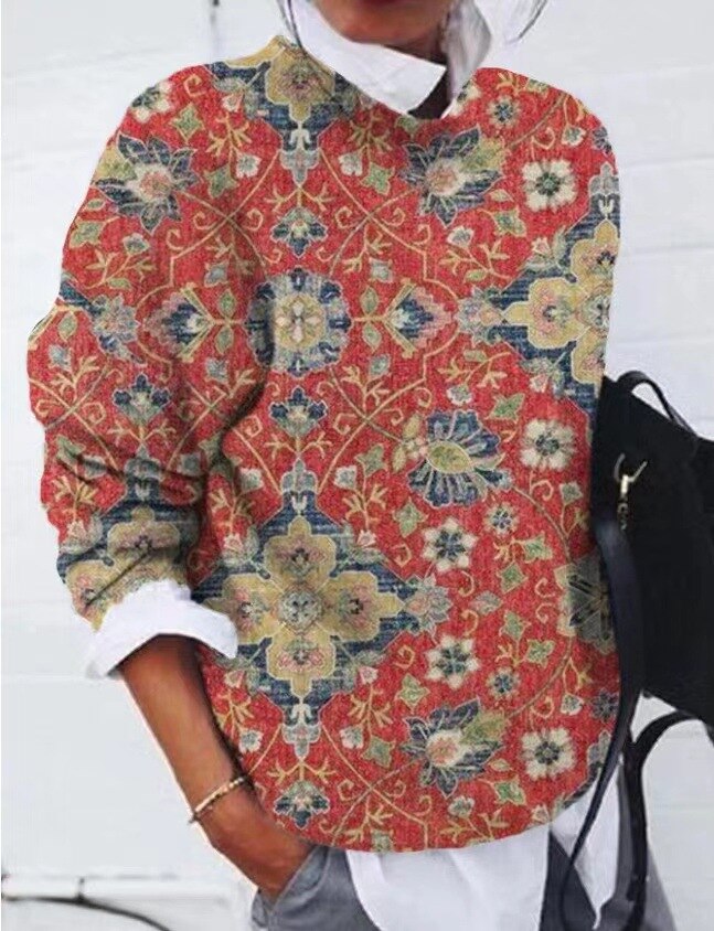 Ladies Sweater with Floral Print – Knitted Pullover Fantasy Print