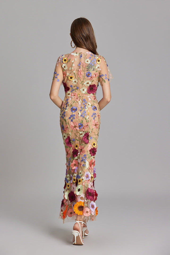 Verena | Women's Sheer Maxi Dress with Floral Embroidery