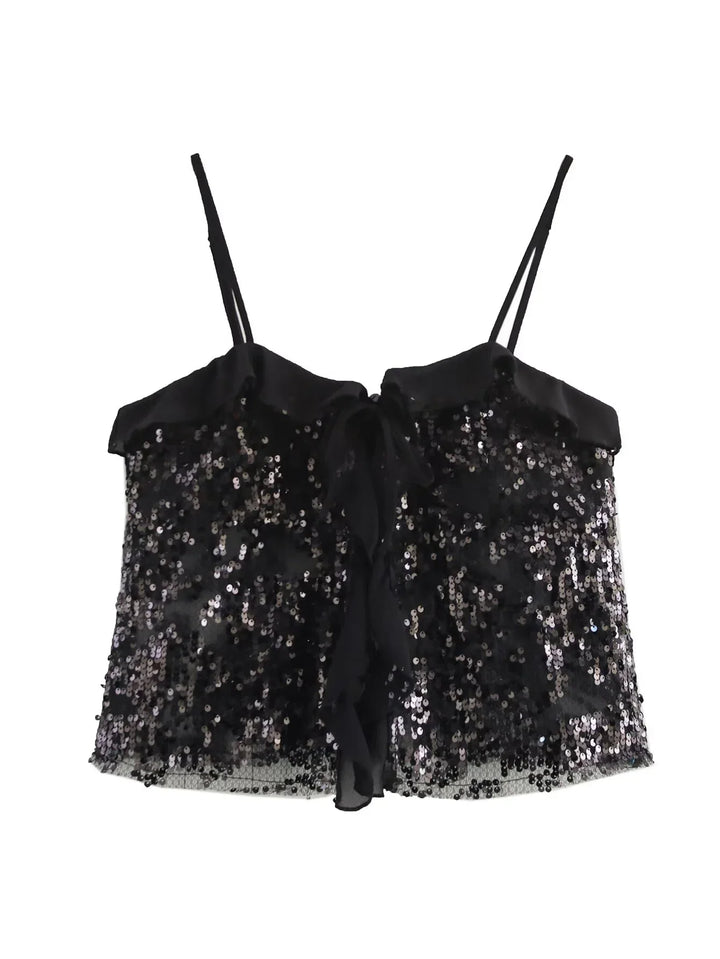 Festive Sequin Women's Top with Bow Closure and Ruffles, view 9 - Elena Harper