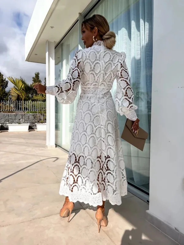 Elegant White Lace Midi Dress for Women Long Sleeves A-Line Cut, view 3 - Elena Harper