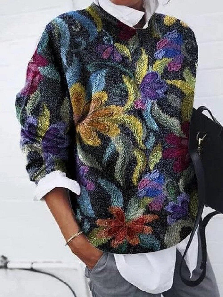 Ladies Sweater with Floral Print – Knitted Pullover Fantasy Print