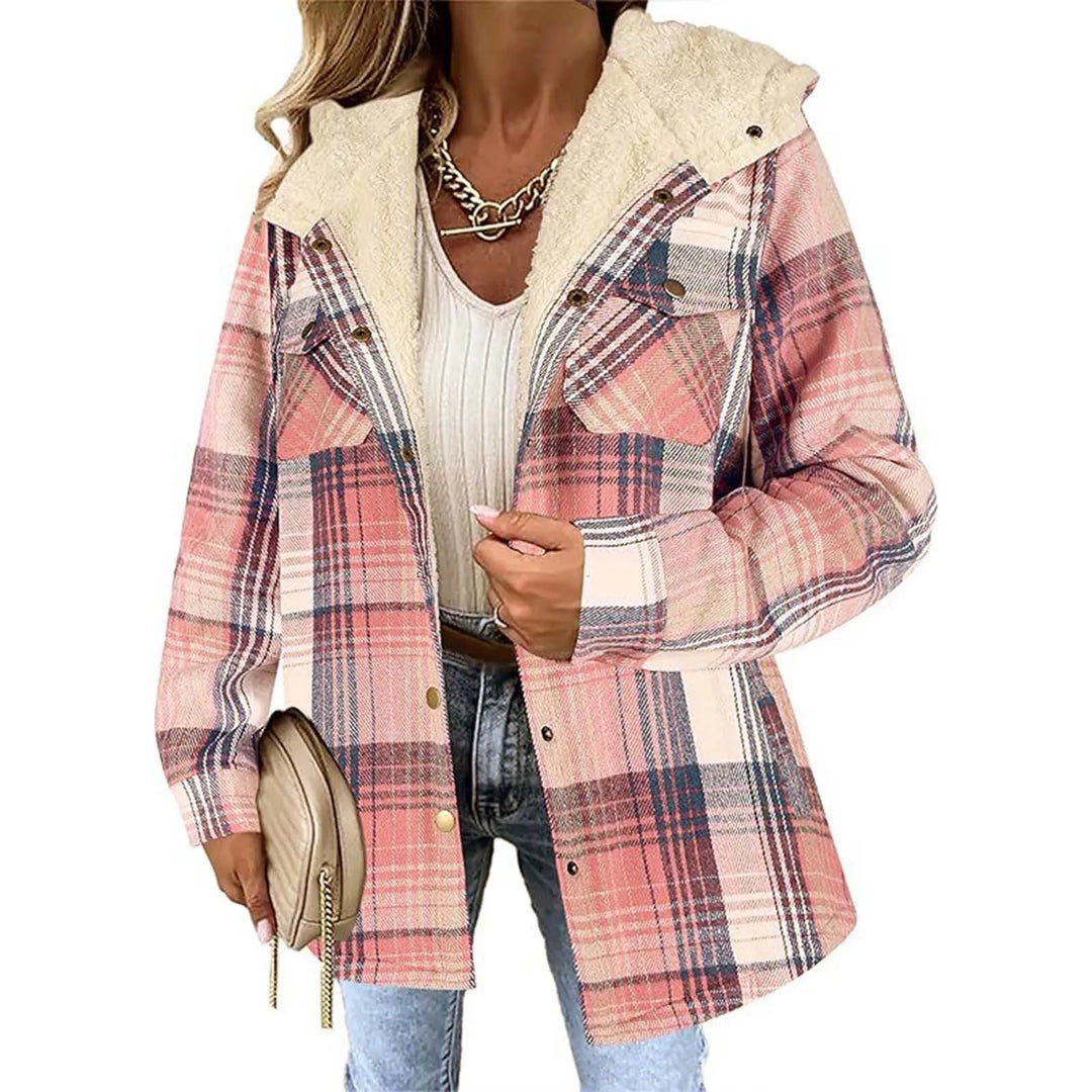 Women's Checked Fleece-Lined Jacket – Warm Hooded Coat for Winter