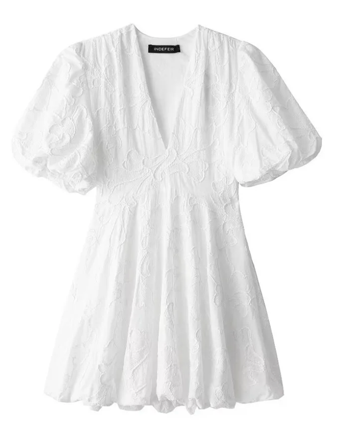 Summer Dress with V-Neck and Puff Sleeves for Women