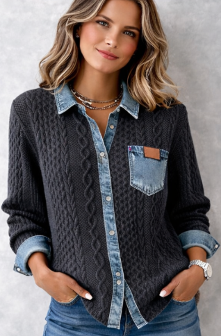 Chic Knitted Shirt with Denim Details | Women