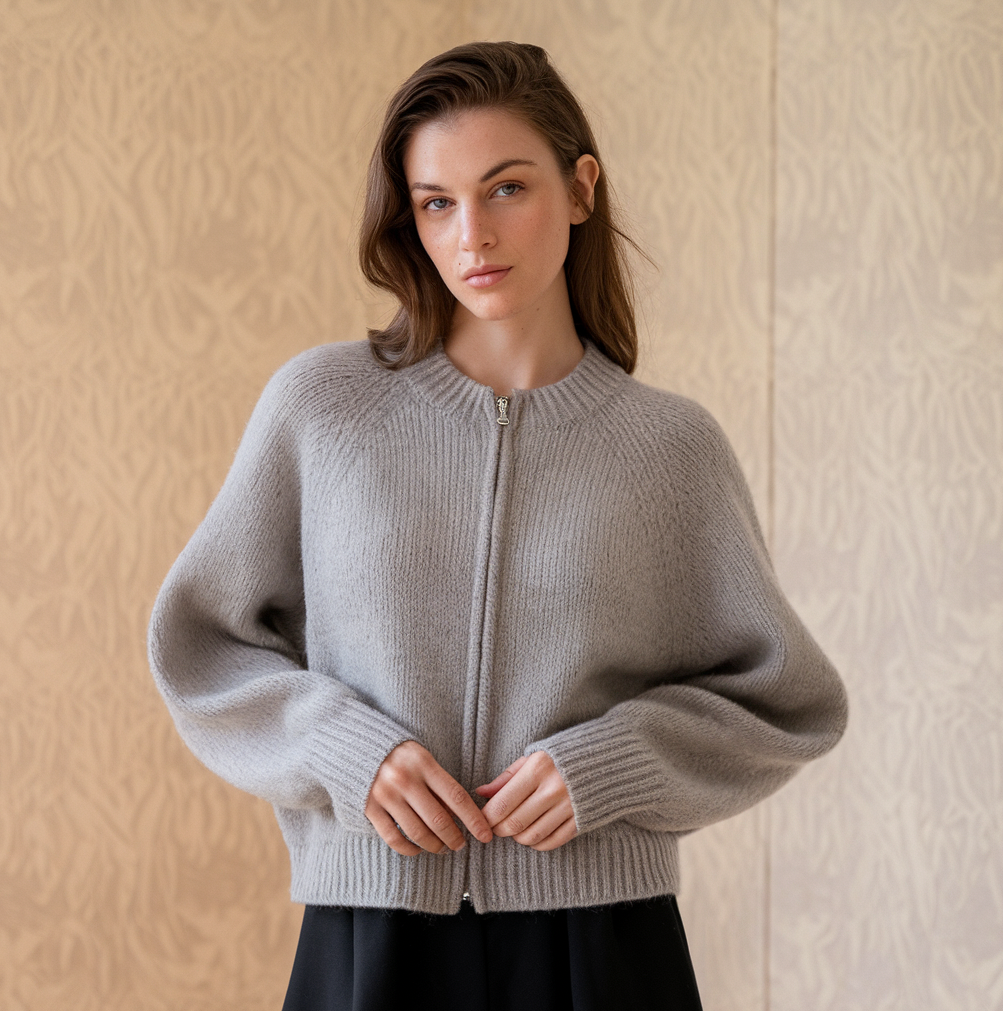 Vintage wool cardigan with round neck and zipper for women - Elena Harper