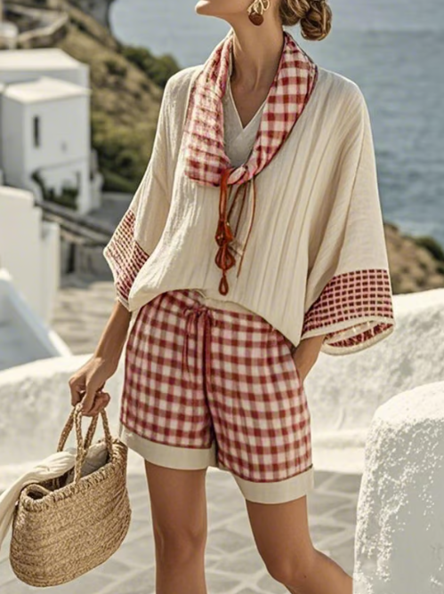 Short linen set with check pattern