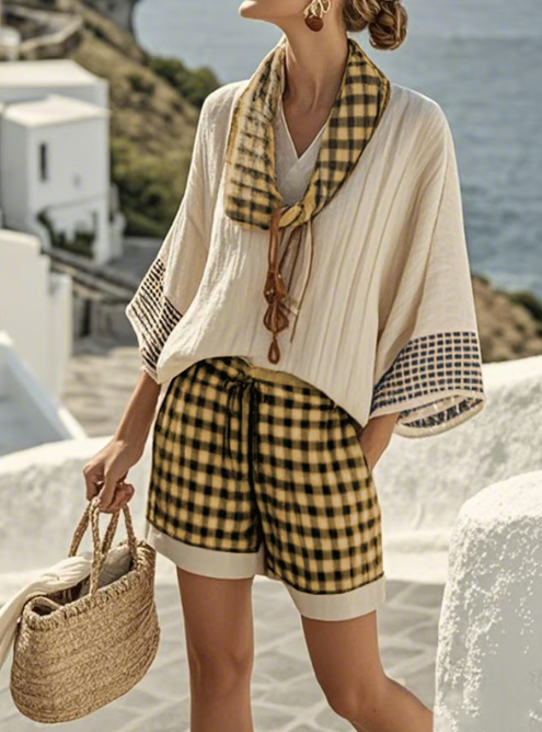 Short linen set with check pattern
