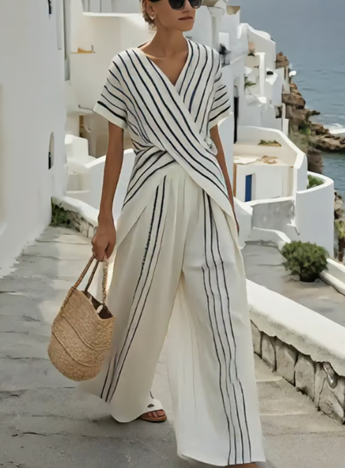 Two-piece linen set with cross waist