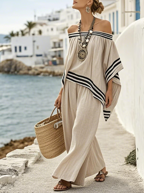 Off-shoulder linen set with elegant stripes