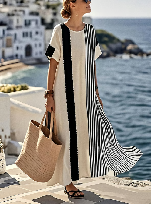 Long linen dress with contrasting stripes