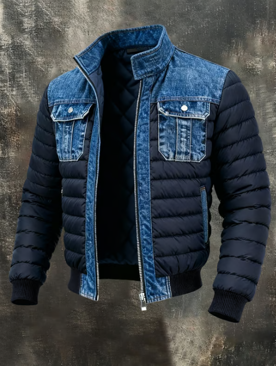 Men's Quilted Denim Jacket with Stand-Up Collar and Front Zip Fastening, Blue