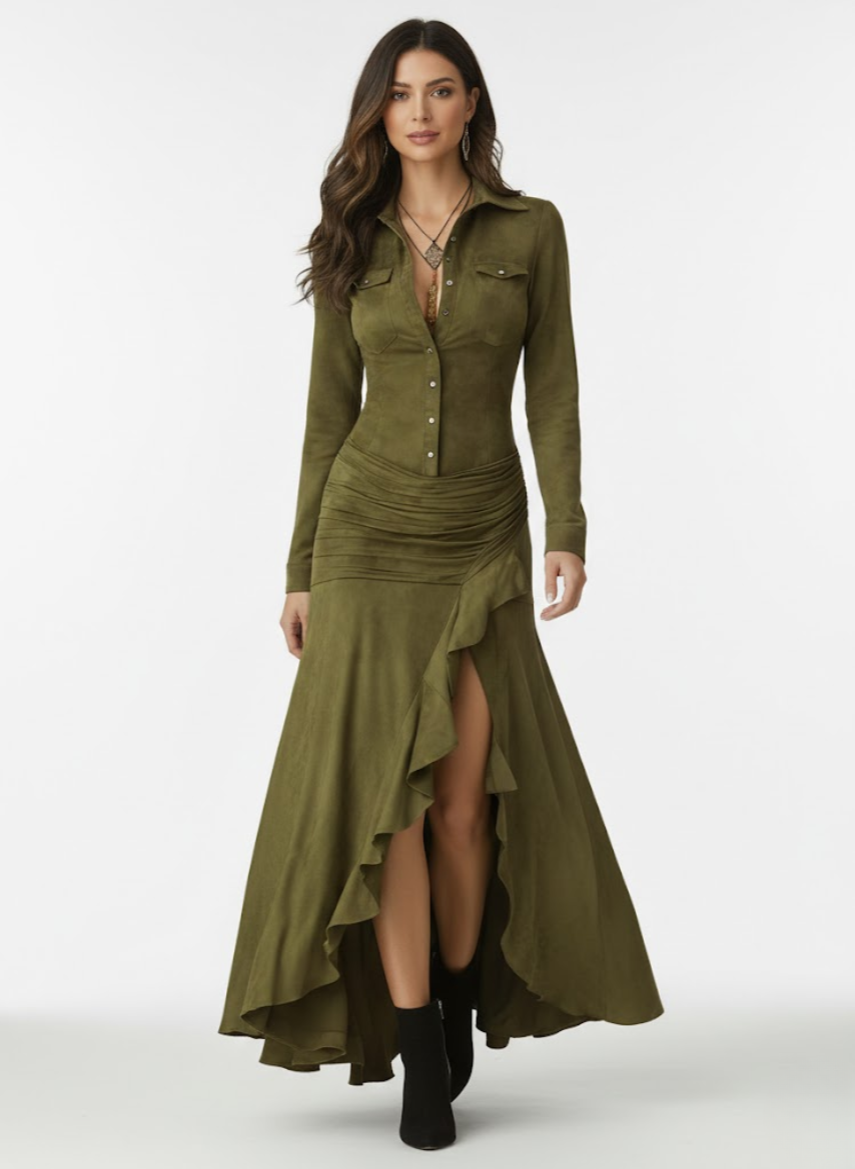 Anja Long Flowing Dress with Ruffles, view 6 - Elena Harper