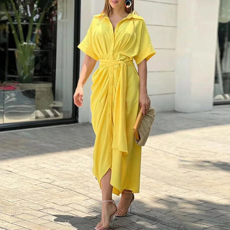 Chic Buttoned Midi Summer Dress for Women with Belt - Emma