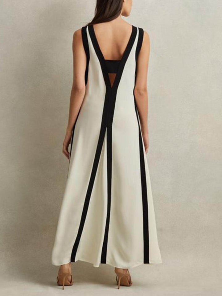 Black and White Maxi Dress for Women with Deep V-Neck - Roselie