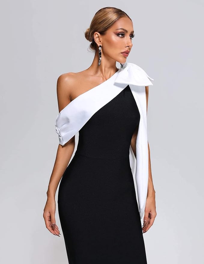 Black and White Midi Evening Dress for Women - Collette