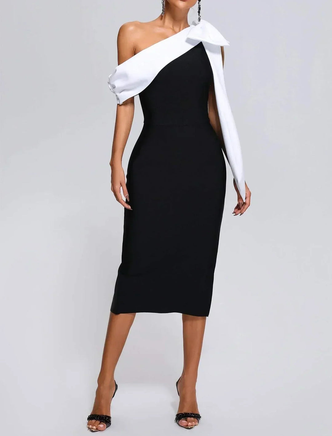 Black and White Midi Evening Dress for Women - Collette