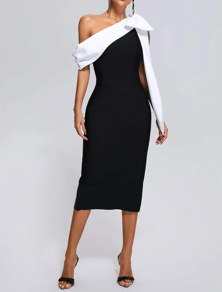 Black and White Midi Evening Dress for Women - Collette