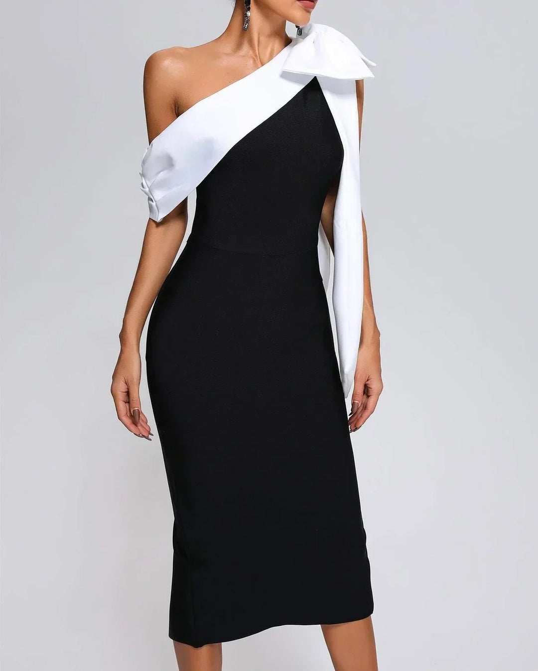Black and White Midi Evening Dress for Women - Collette