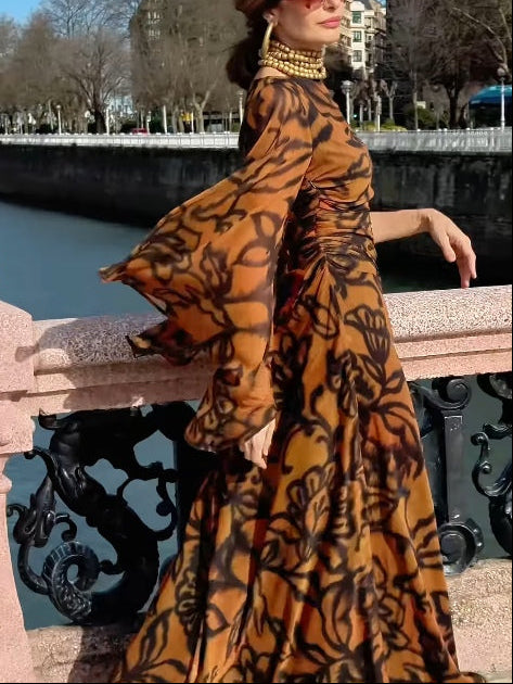 Ashley Beach Glam Brown long printed dress - Elena Harper