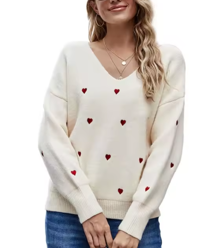 Elegant V-Neck Heart Pattern Sweater for Women – Relaxed Fit Knit