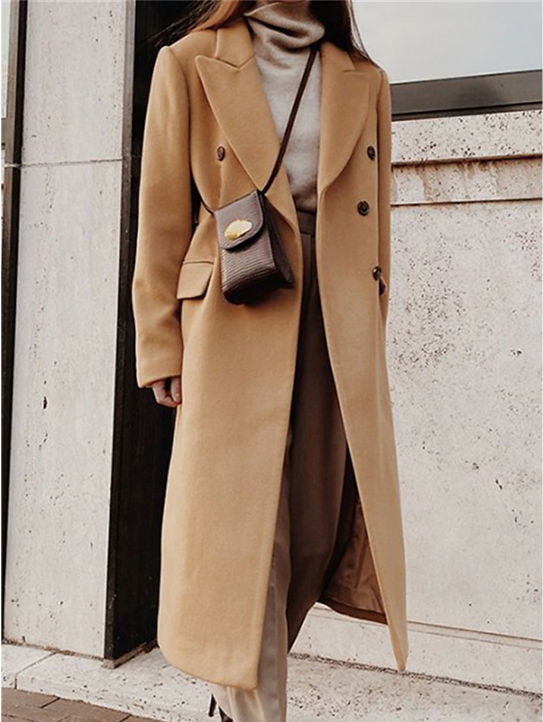 Women's Double-Breasted Long Wool Coat with Belt