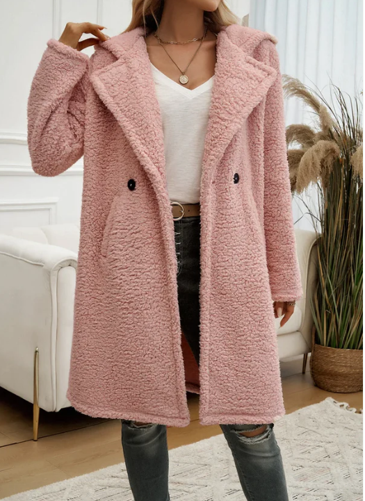 Elegant Women's Plush Hooded Coat – Cozy Winter Overcoat with Lapels